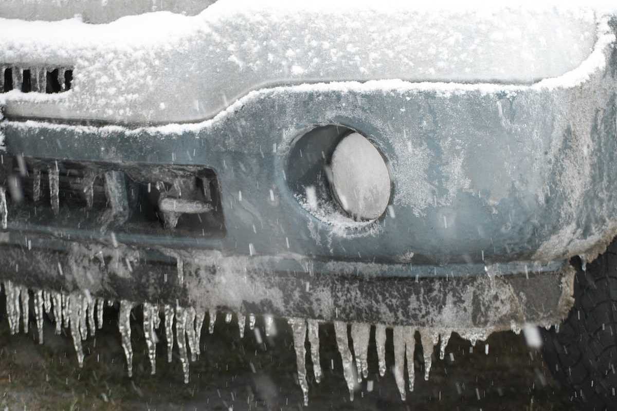Heavy ice build up on a truck during an ice storm