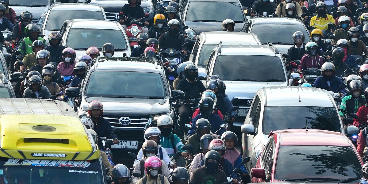 Heavy traffic congestion fills the road in Jakarta