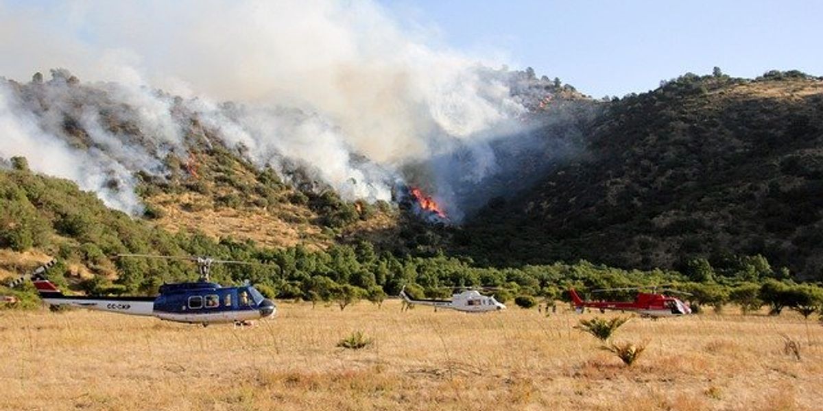 Helicopters in a field in front of a wildfire in the distant hills