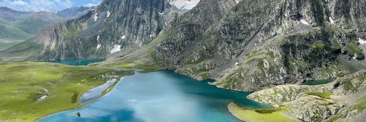 High altitude lake nestled amongst glaciated peaks in the Jammu and Kashmir region of India