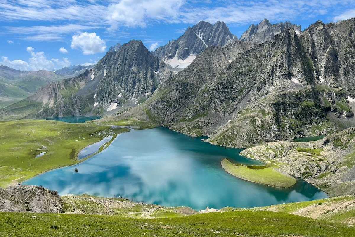 High altitude lake nestled amongst glaciated peaks in the Jammu and Kashmir region of India