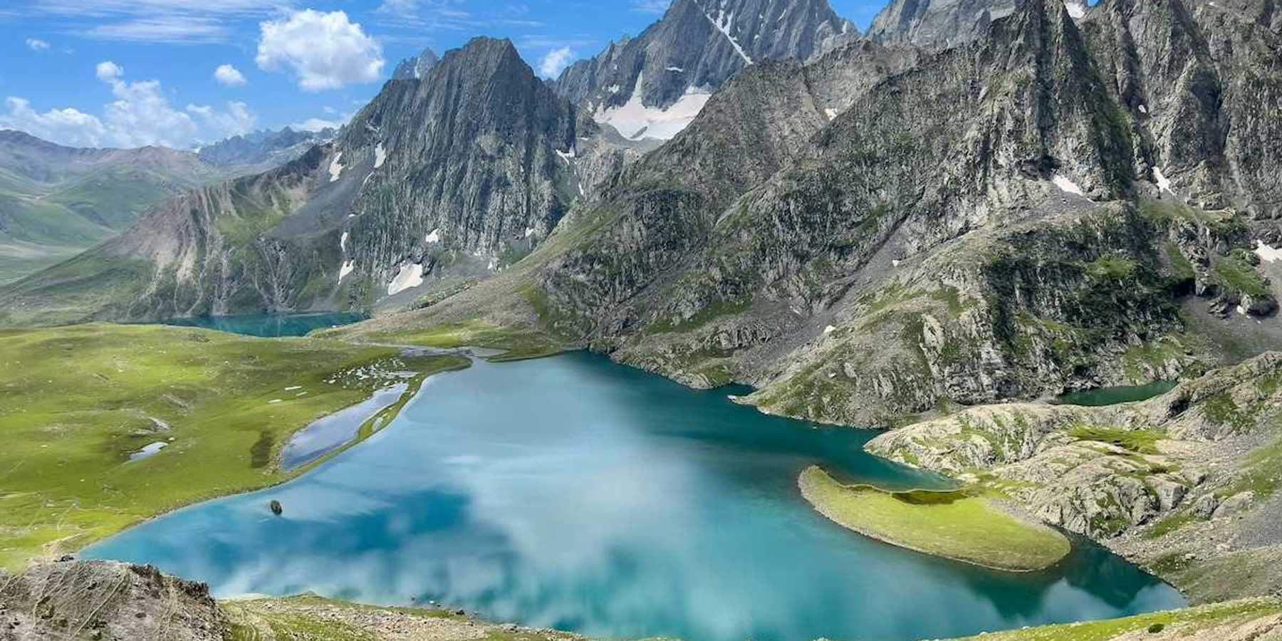 High altitude lake nestled amongst glaciated peaks in the Jammu and Kashmir region of India