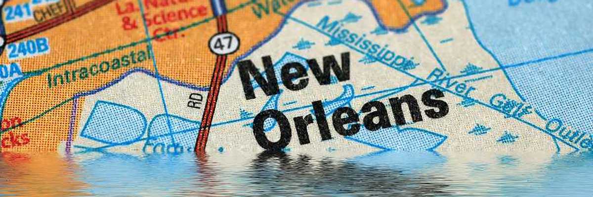 Highway map segment of New Orleans partially submerged in water