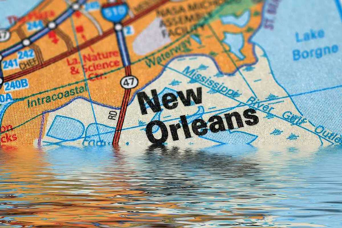 Highway map segment of New Orleans partially submerged in water