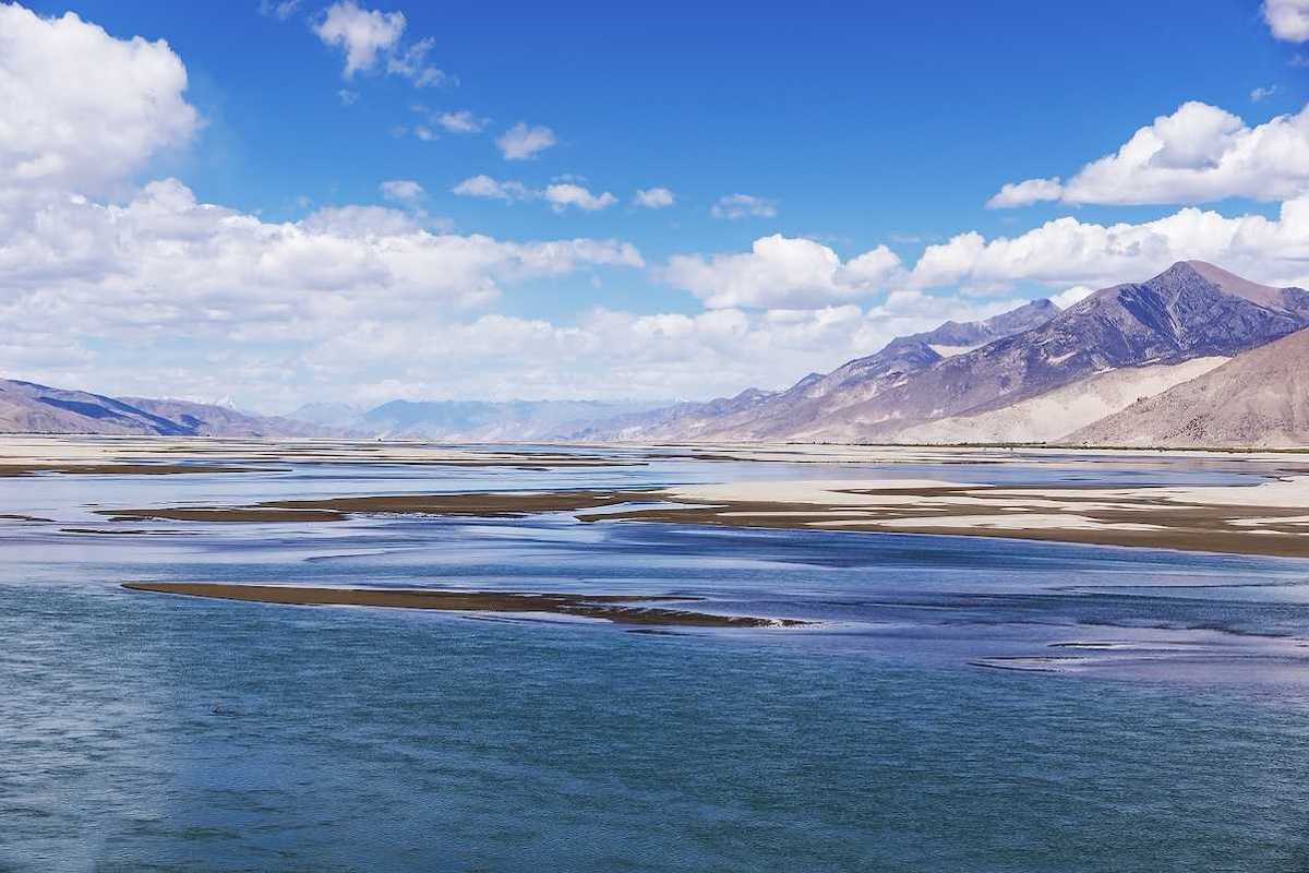 Holy Brahmaputra river, Yarlung Tsangpo, and Tibetan mountain landscape