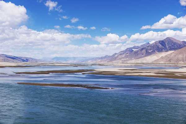 Holy Brahmaputra river, Yarlung Tsangpo, and Tibetan mountain landscape