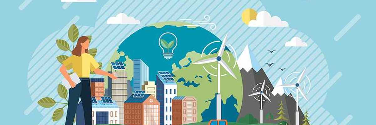 Home electricity with battery energy storage system on modern house. Wind energy. Green energy. Windmills house with solar panel.