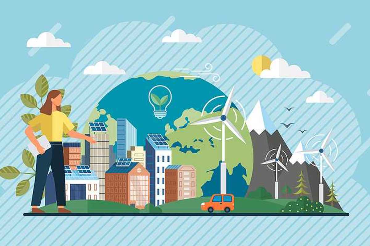 Home electricity with battery energy storage system on modern house. Wind energy. Green energy. Windmills house with solar panel.