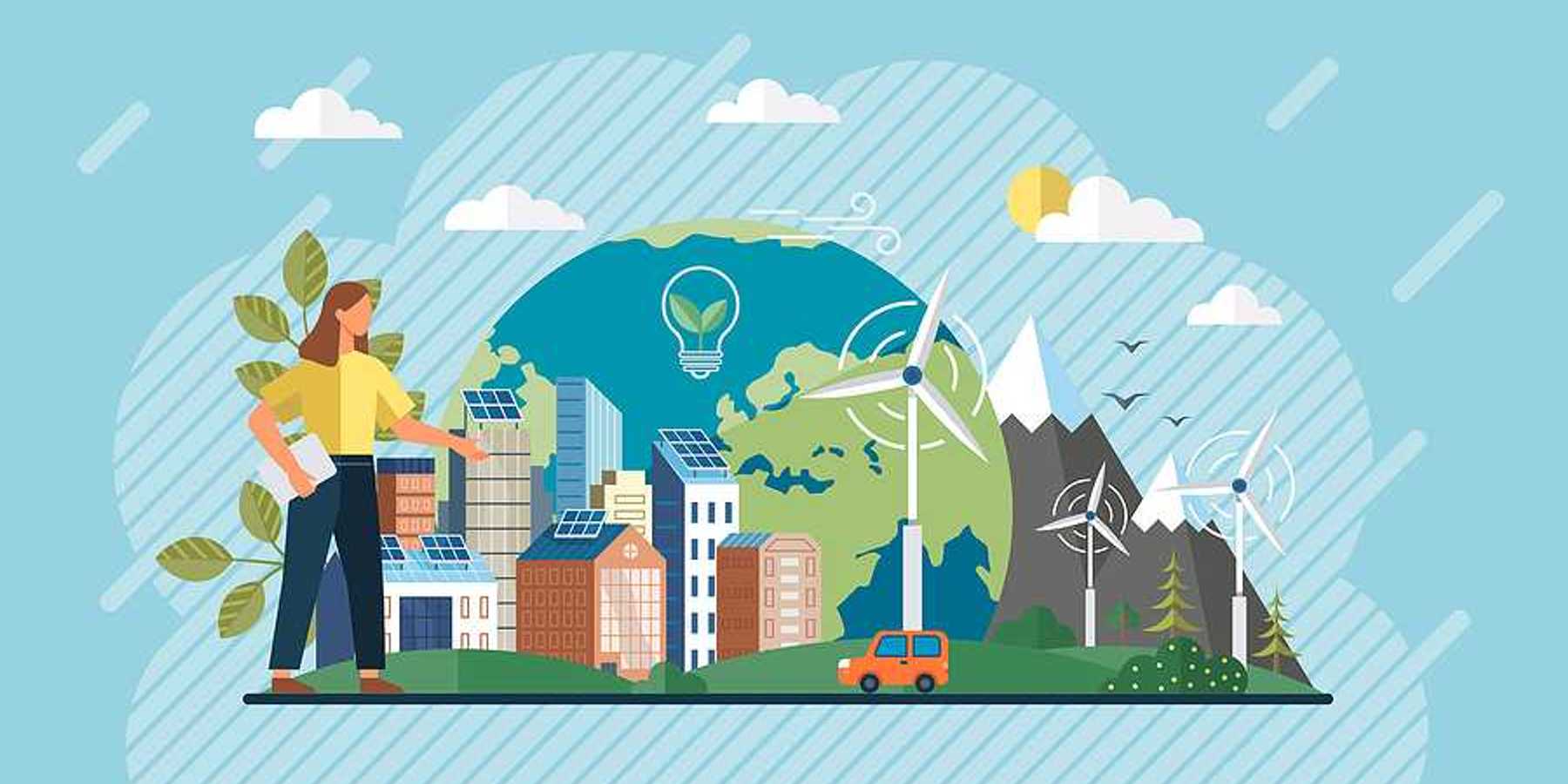 Home electricity with battery energy storage system on modern house. Wind energy. Green energy. Windmills house with solar panel.