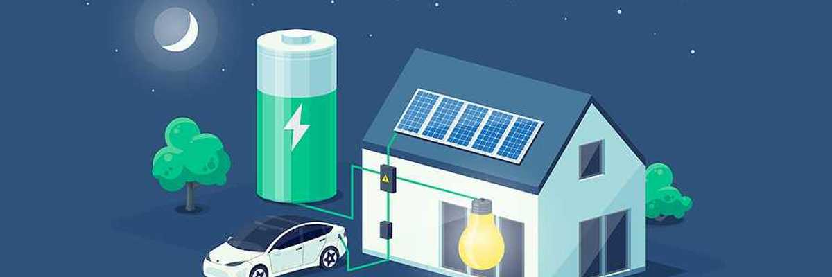 Home virtual battery energy storage with house photovoltaic solar panels on roof and rechargeable li-ion electricity backup