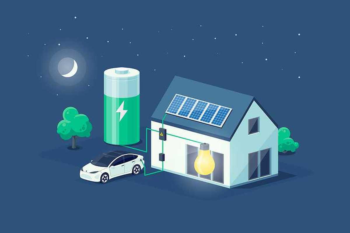 Home virtual battery energy storage with house photovoltaic solar panels on roof and rechargeable li-ion electricity backup