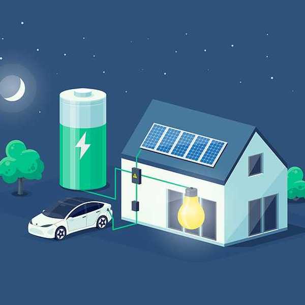 Home virtual battery energy storage with house photovoltaic solar panels on roof and rechargeable li-ion electricity backup