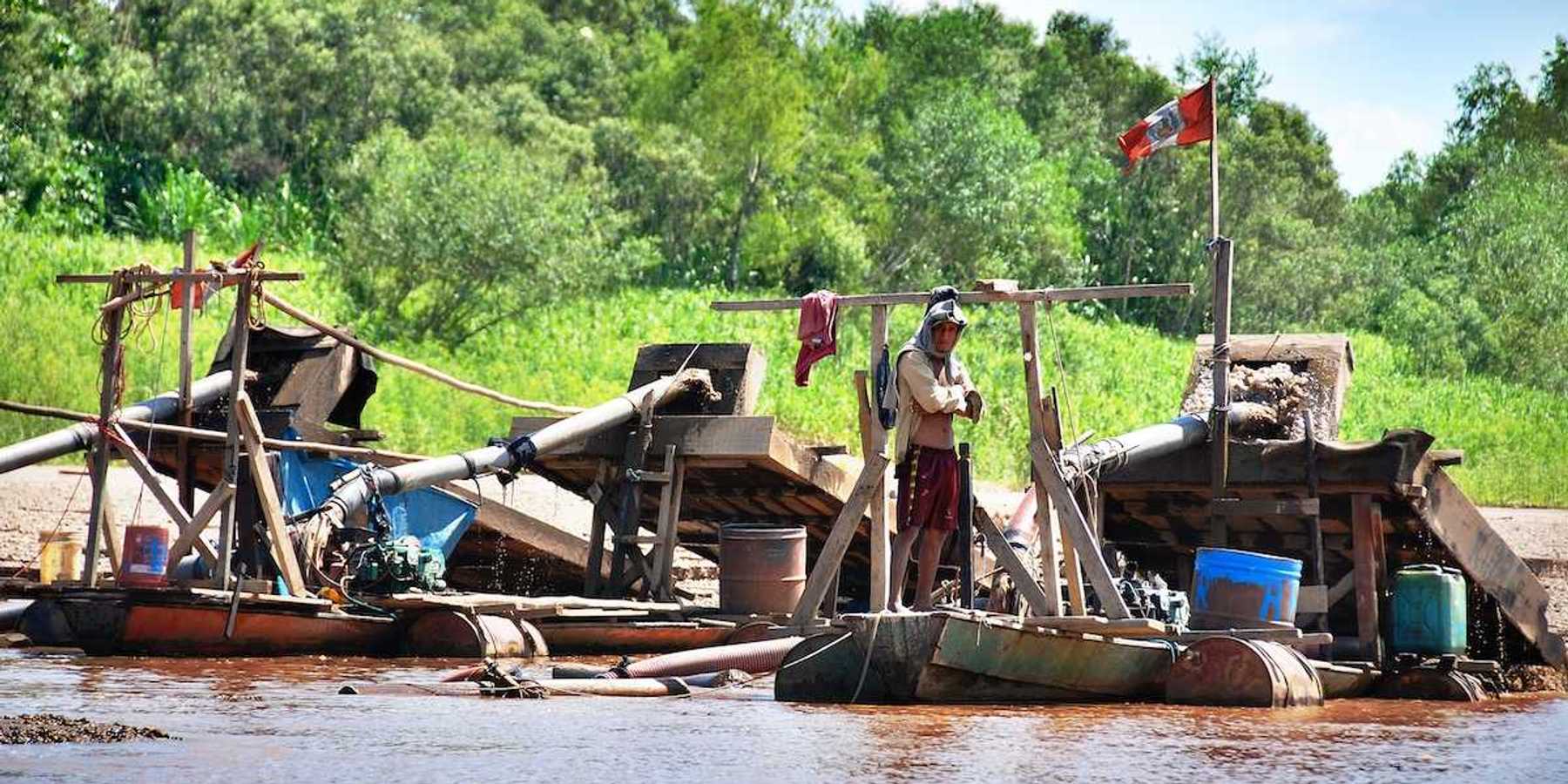 Illegal gold mining operation on the Madre de Dios river in Peru