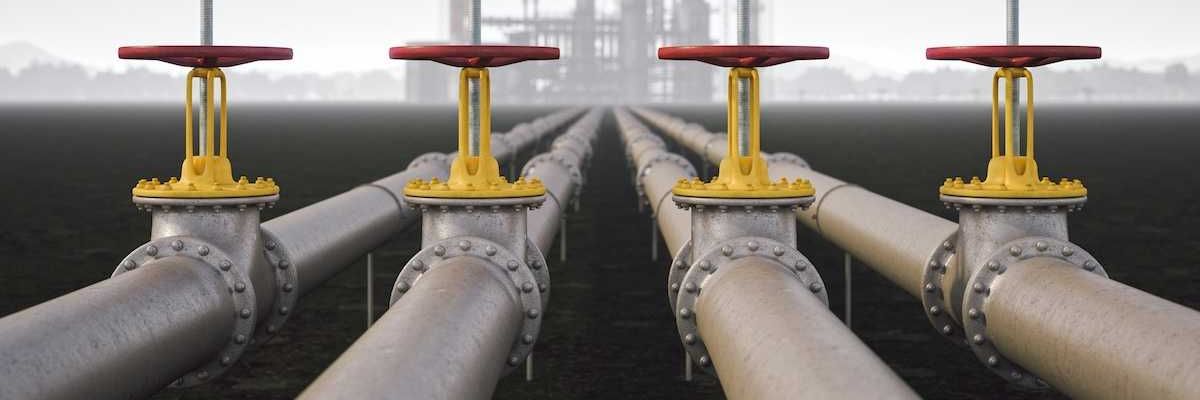 Illustration depicting a 4-way pipeline leading to a distant refinery