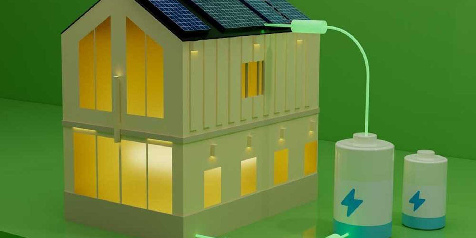 Illustration depicting a house powered by solar panels in combination with a battery system