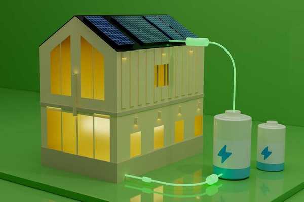 Illustration depicting a house powered by solar panels in combination with a battery system