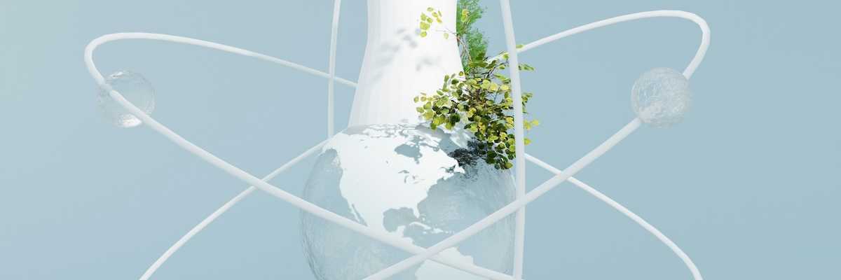 Illustration depicting nuclear energy as green power. Nuclear symbol connecting the globe
