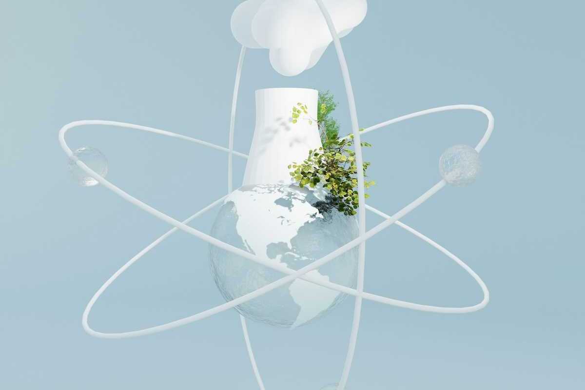 Illustration depicting nuclear energy as green power. Nuclear symbol connecting the globe