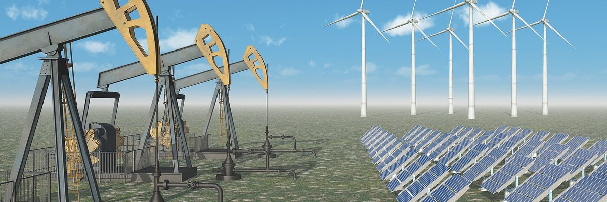 Illustration depicting pumpjacks vs solar panels & wind turbines