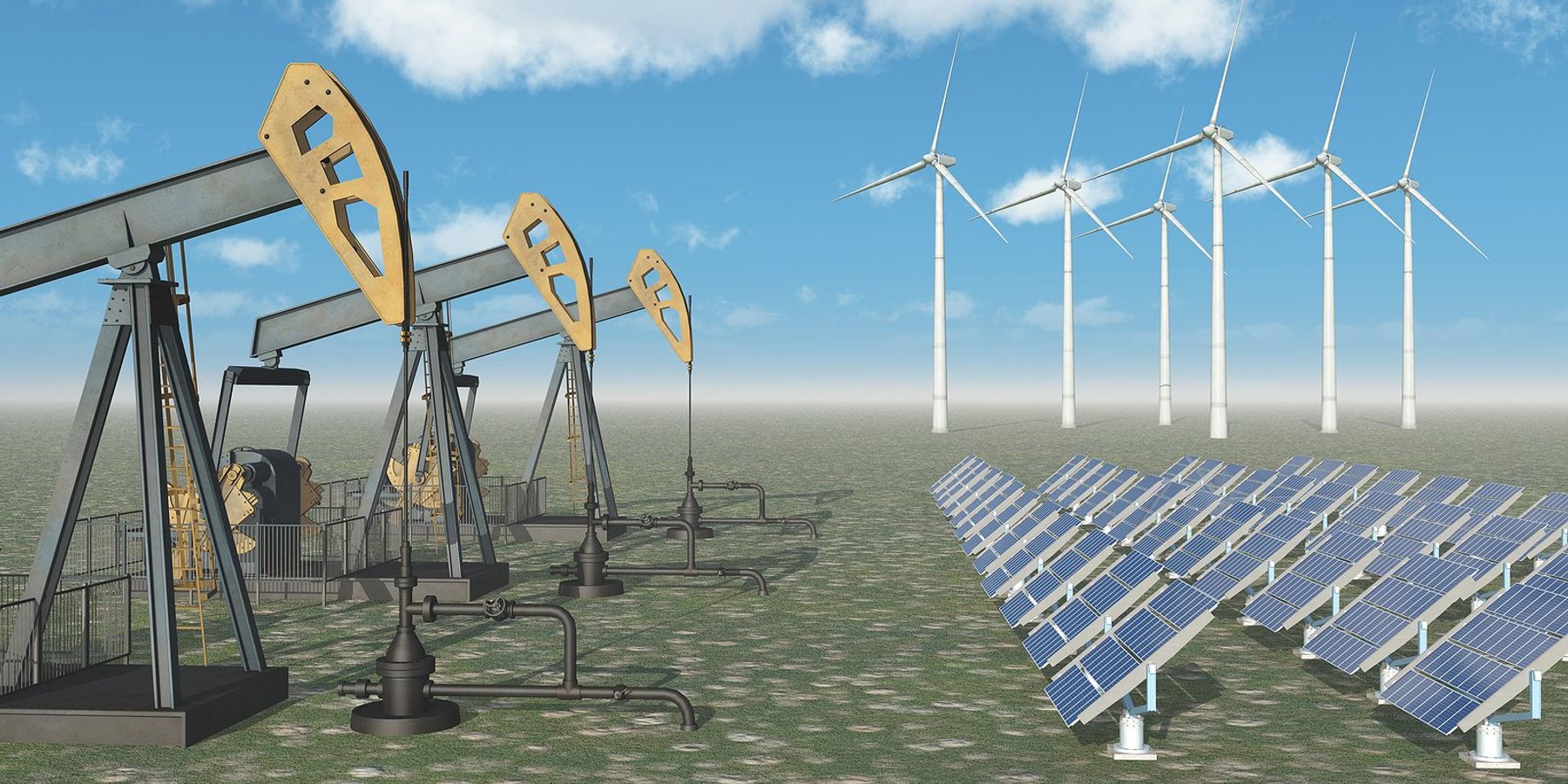 Illustration depicting pumpjacks vs solar panels & wind turbines