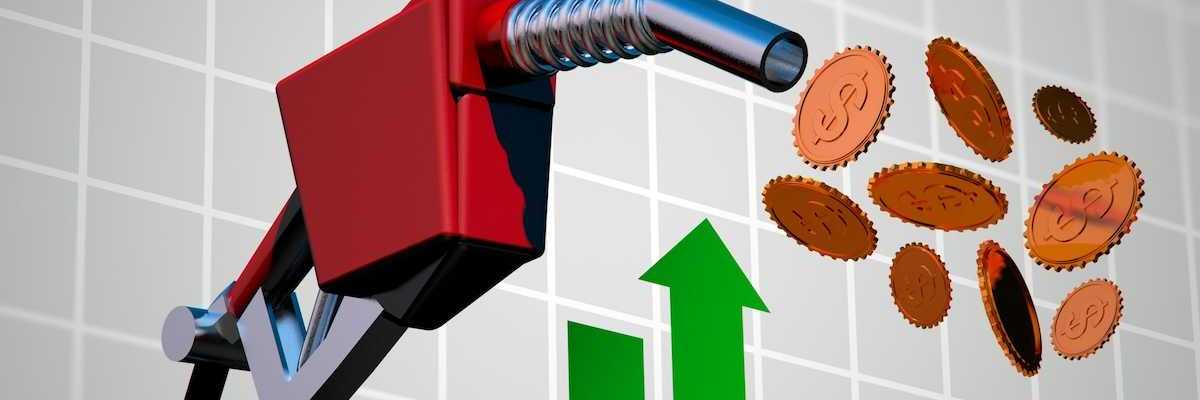 Illustration depicting skyrocketing oil prices. Gasoline nozzle spewing coins against a rising graph