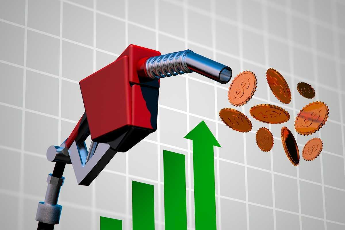 Illustration depicting skyrocketing oil prices. Gasoline nozzle spewing coins against a rising graph