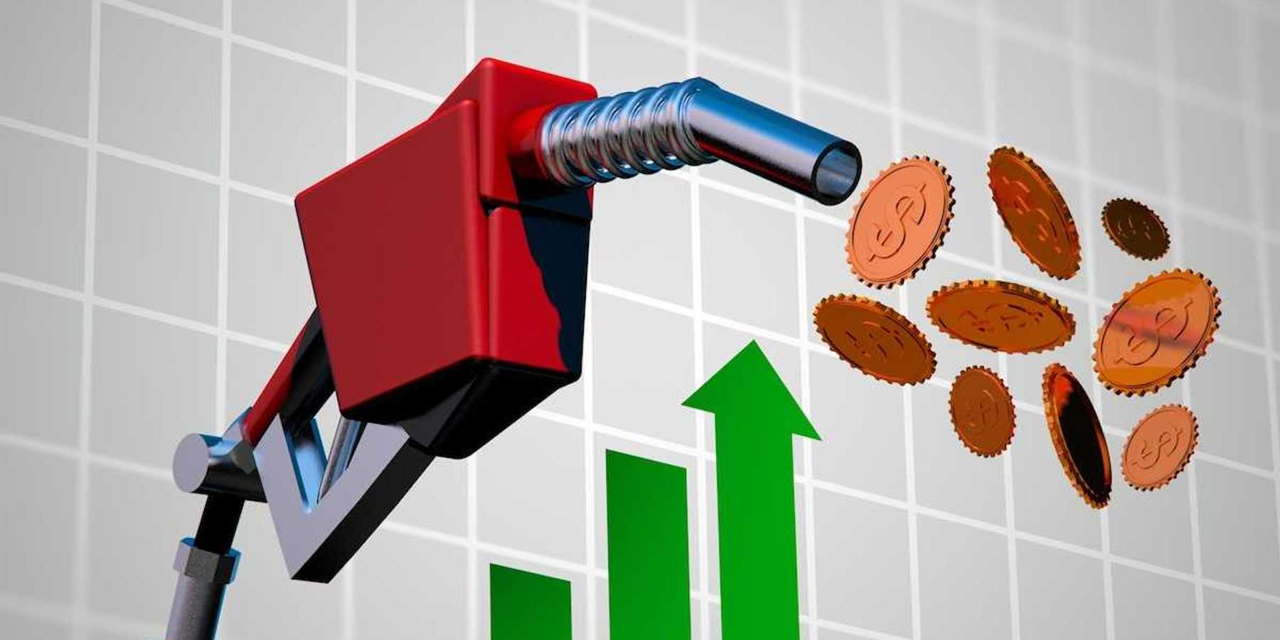 Illustration depicting skyrocketing oil prices. Gasoline nozzle spewing coins against a rising graph