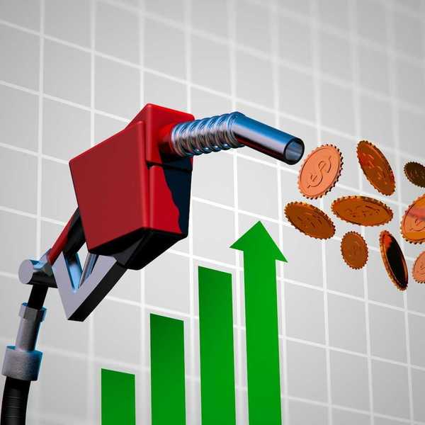 Illustration depicting skyrocketing oil prices. Gasoline nozzle spewing coins against a rising graph