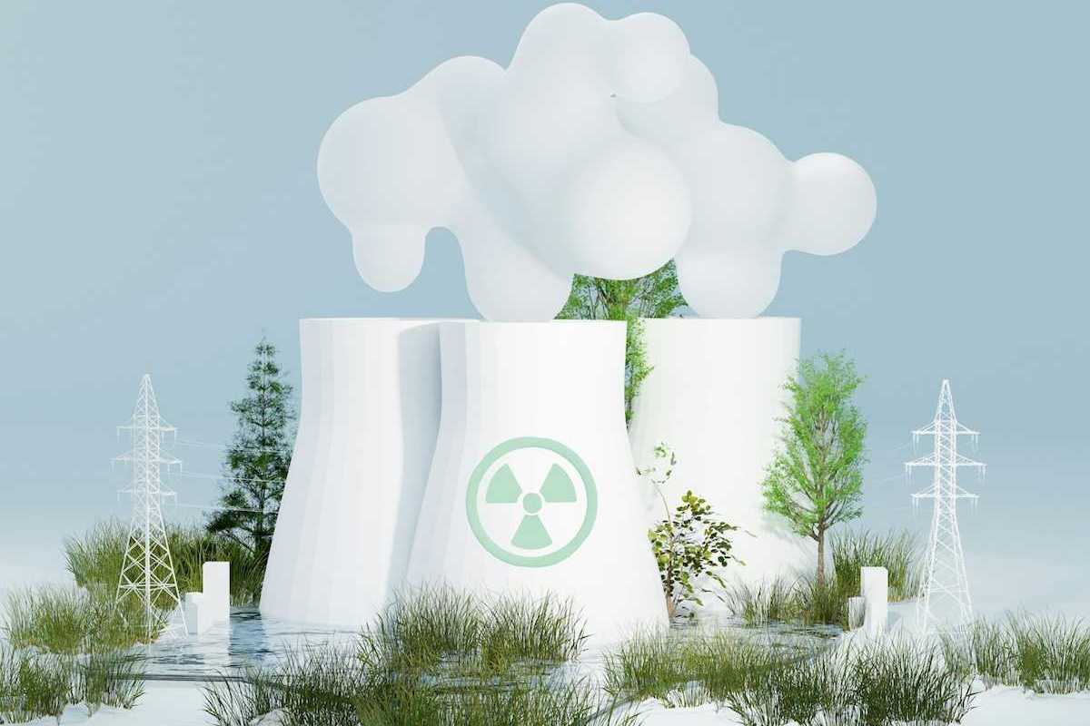 illustration featuring three nuclear cooling towers with transmission lines amidst greenery