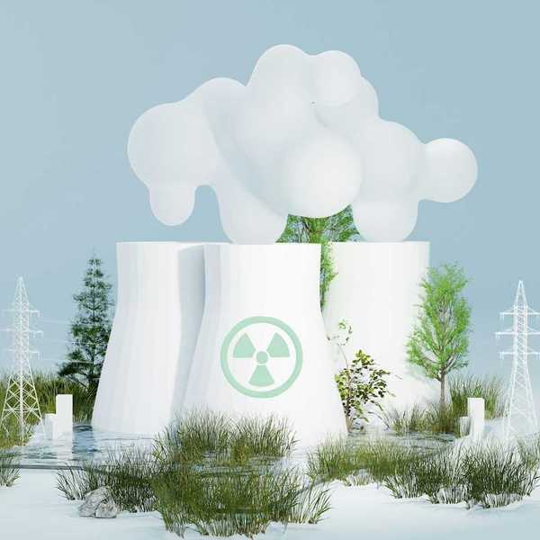 illustration featuring three nuclear cooling towers with transmission lines amidst greenery