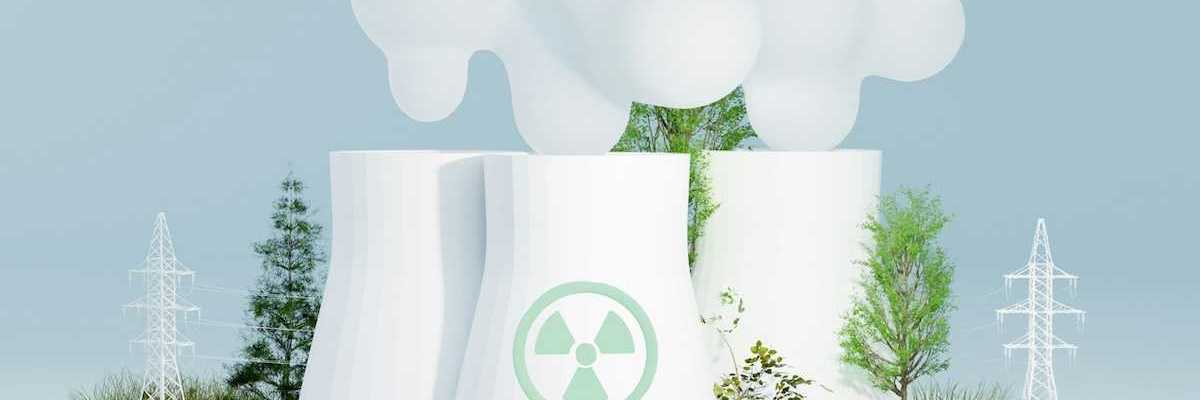 illustration featuring three nuclear cooling towers with transmission lines amidstgreenery