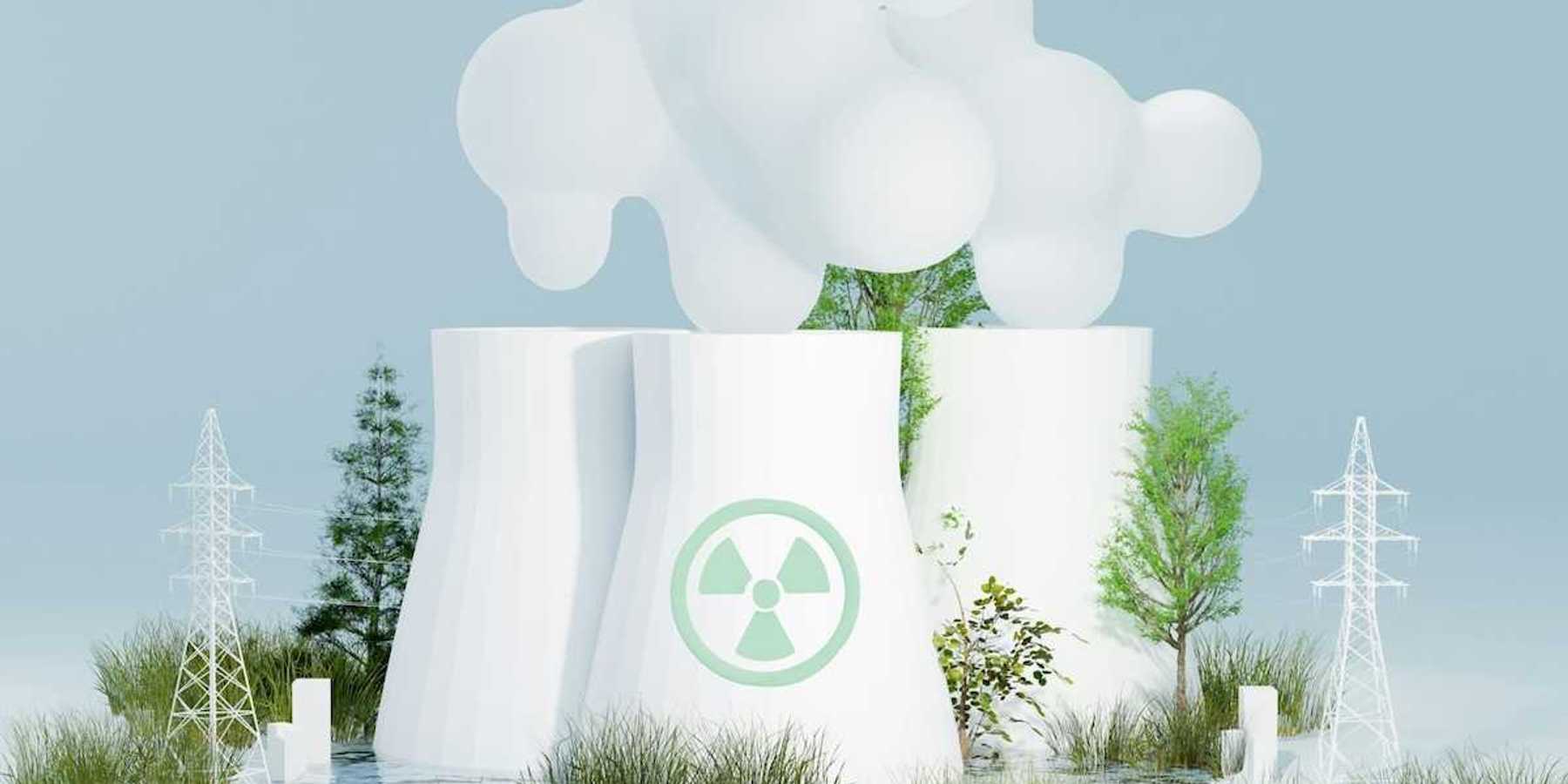 illustration featuring three nuclear cooling towers with transmission lines amidstgreenery