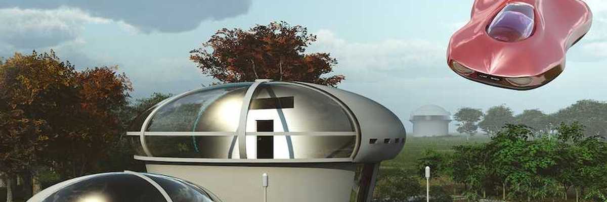 Illustration of a futuristic suburban house and flying car