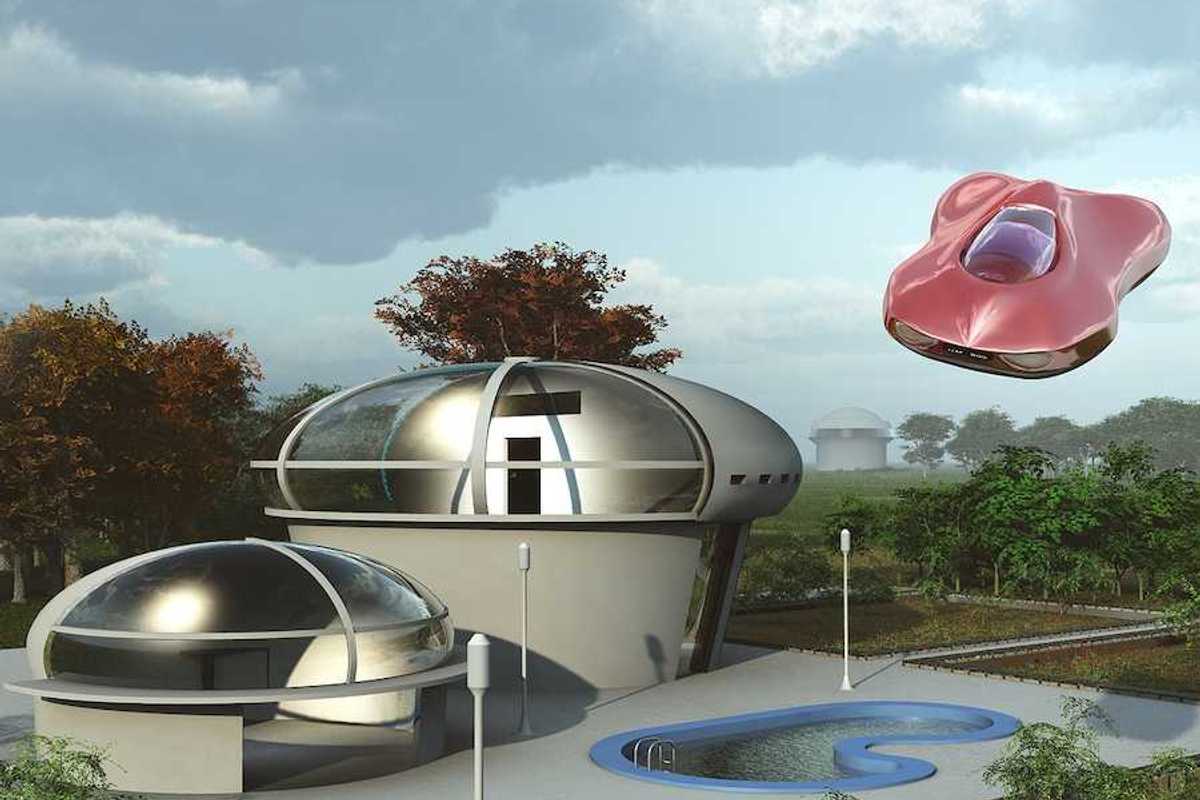 Illustration of a futuristic suburban house and flying car