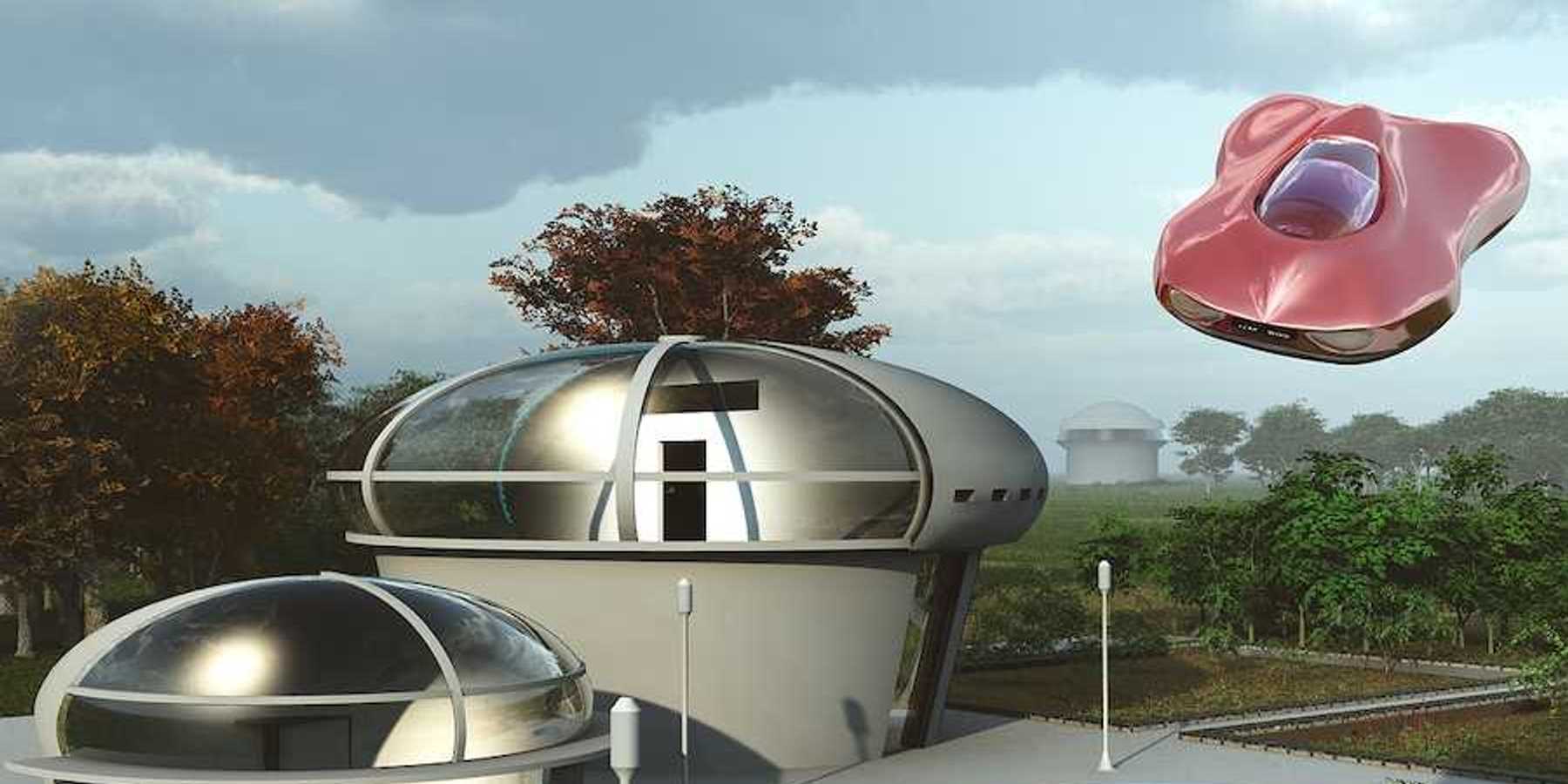 Illustration of a futuristic suburban house and flying car
