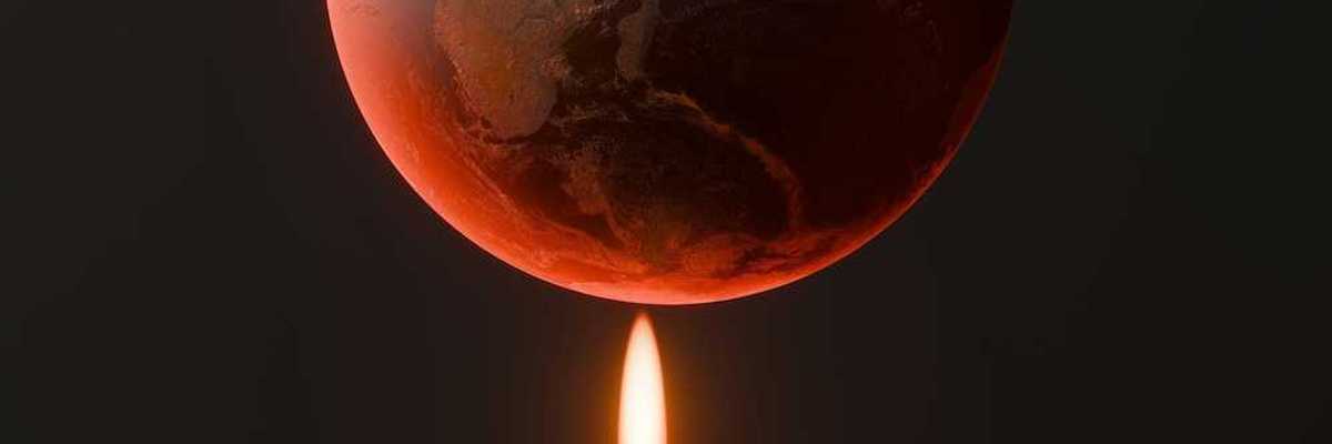 Illustration of a hand holding a disposable lighter under an overheating Earth