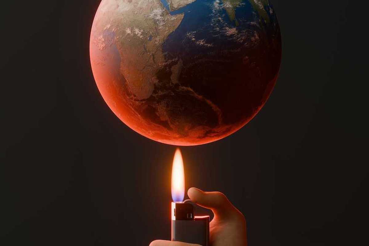 Illustration of a hand holding a disposable lighter under an overheating Earth