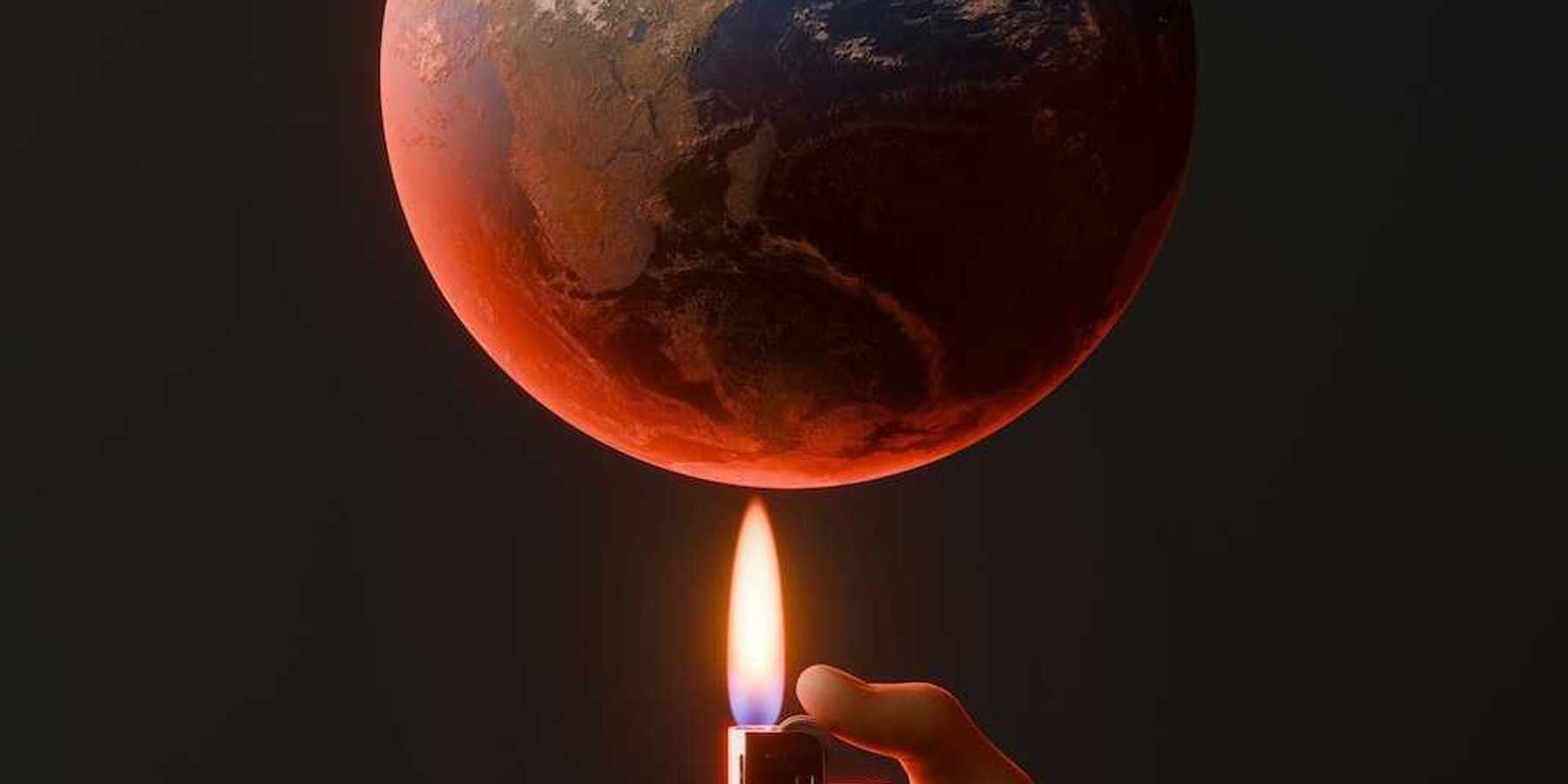 Illustration of a hand holding a disposable lighter under an overheating Earth