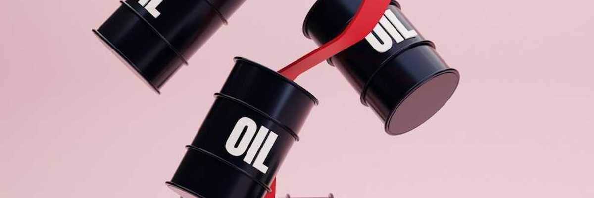 Illustration of black barrels labeled "OIL" suspended on a pink background with an intertwined red line pointing upward indicating ever-rising oil costs.