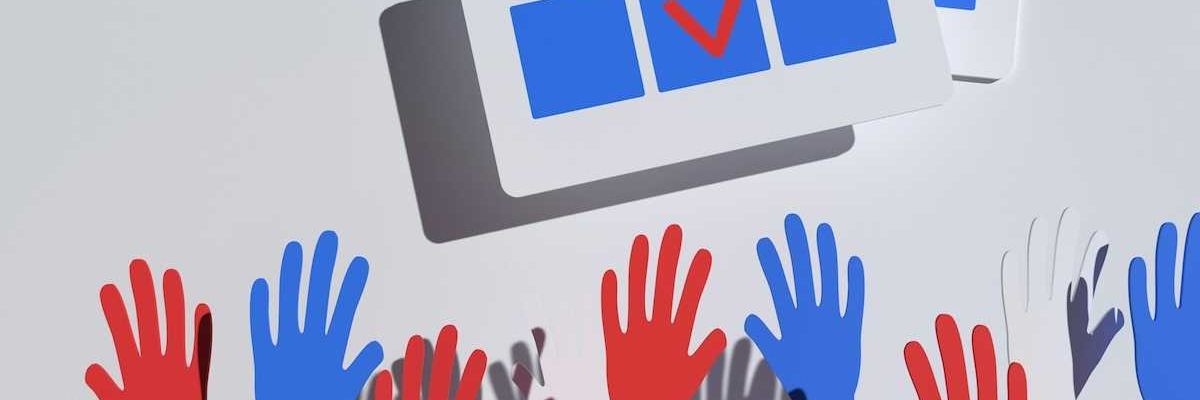 illustration of blue, red, and gray hands raised below a blue checkbox with red checkmark