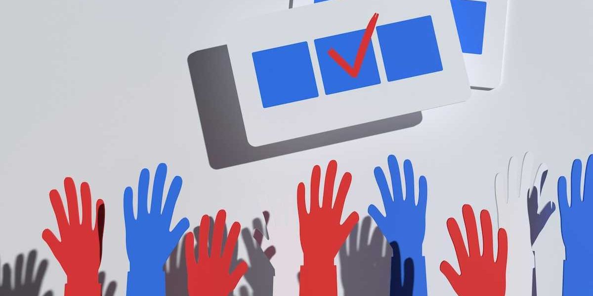 illustration of blue, red, and gray hands raised below a blue checkbox with red checkmark