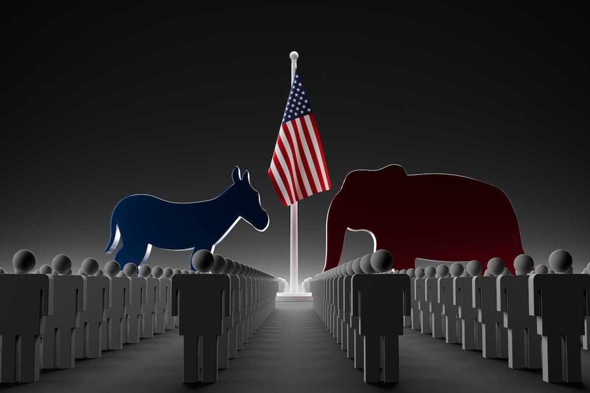 Illustration of blue-tinged mule facing off with red-tinged elephant indicating political faceoff