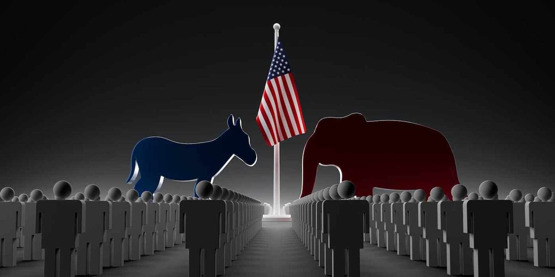 Illustration of blue-tinged mule facing off with red-tinged elephant indicating political faceoff