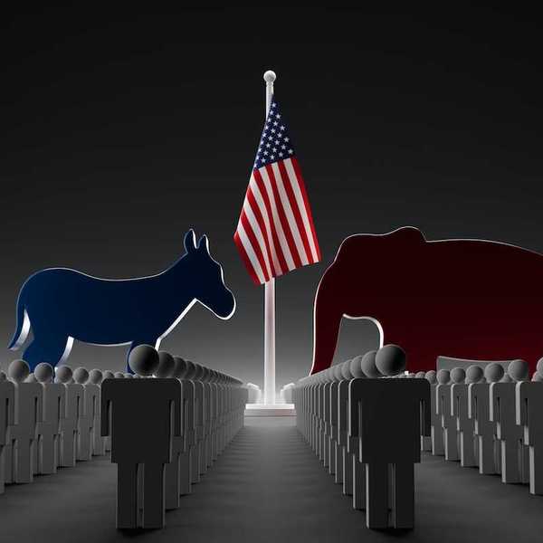 Illustration of blue-tinged mule facing off with red-tinged elephant indicating political faceoff