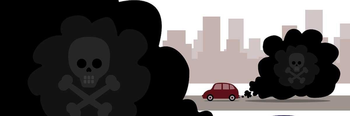 Illustration of diesel cars emitting toxic exhaust fumes that have a skull and cross bones in the pollution.