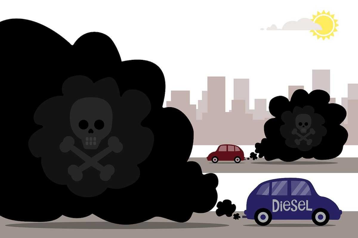 Illustration of diesel cars emitting toxic exhaust fumes that have a skull and cross bones in the pollution.