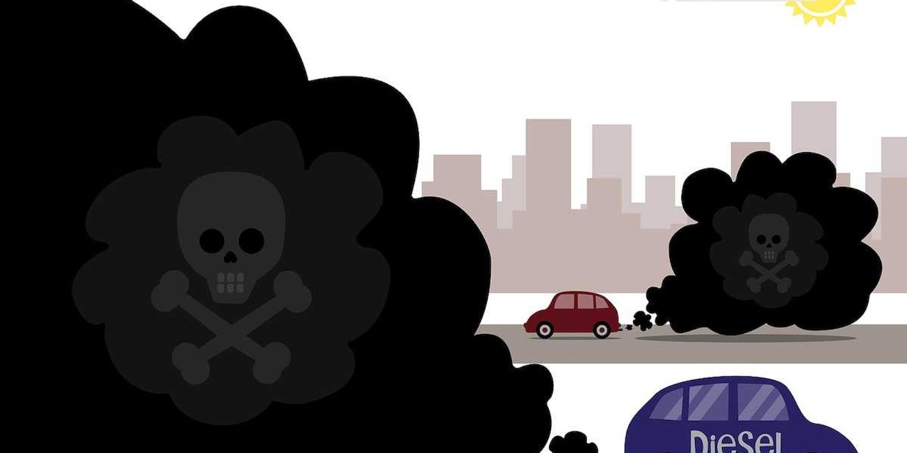 Illustration of diesel cars emitting toxic exhaust fumes that have a skull and cross bones in the pollution.