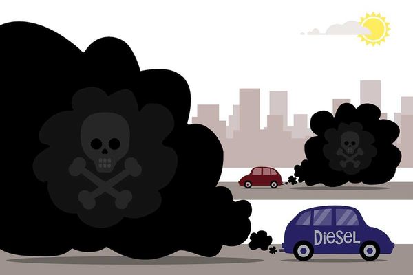 Illustration of diesel cars emitting toxic exhaust fumes that have a skull and cross bones in the pollution.