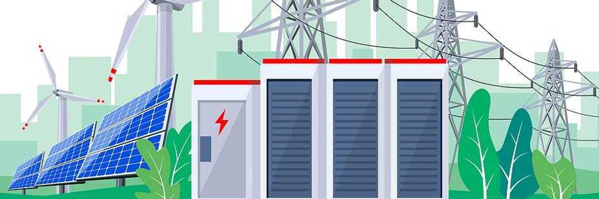 illustration of large rechargeable lithium-ion battery energy storage stationary for renewable electric power station generation.