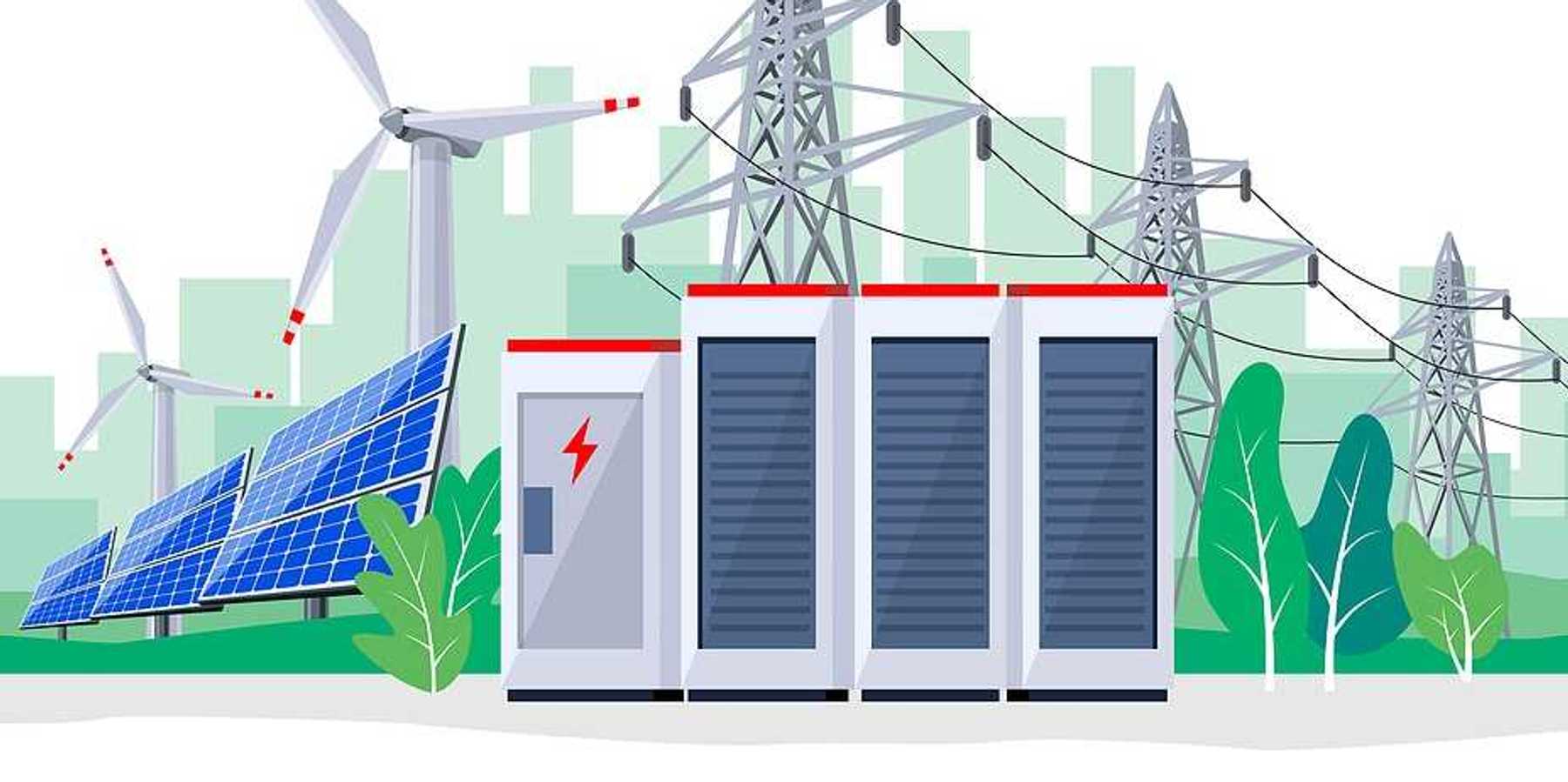 illustration of large rechargeable lithium-ion battery energy storage stationary for renewable electric power station generation.